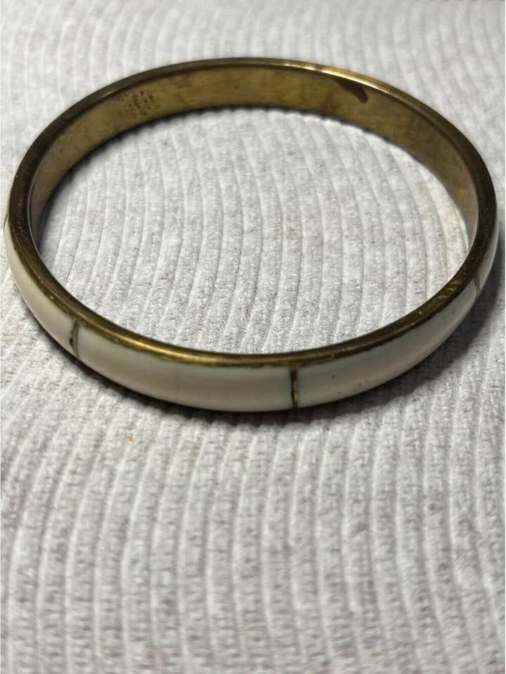 Vintage Brass and Bone Inlay Bangle Bracelet